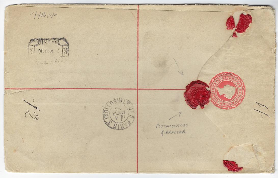 Gibraltar 1896 (29 FE) 20c registered stationery envelope to Paris uprated 10c. and three 20c. tied oval despatch date stamps, reverse with Madrid transit and Paris arrival, also showing the small red wax seal of the Postmistress (Miss Cresswell).