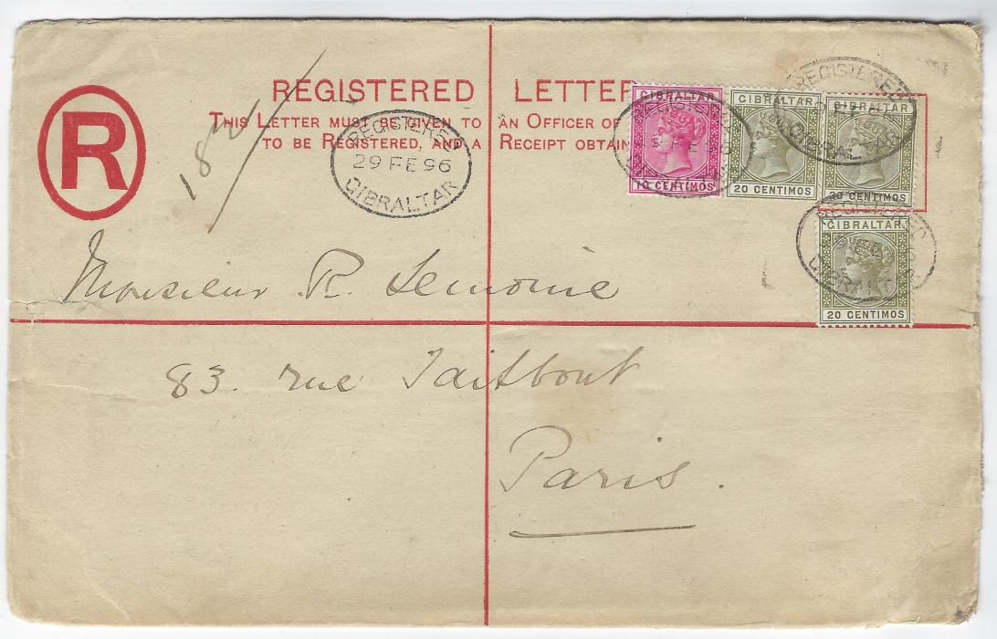 Gibraltar 1896 (29 FE) 20c registered stationery envelope to Paris uprated 10c. and three 20c. tied oval despatch date stamps, reverse with Madrid transit and Paris arrival, also showing the small red wax seal of the Postmistress (Miss Cresswell).
