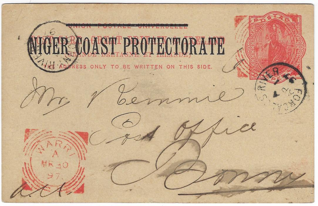 Niger Coast 1897 (MR 30) 1d. stationery card addressed to the Post Office at Bonny cancelled by red square circle Warri datestamp, the cancel repeated bottom left for reasons of clarity, Forcados River transit additionally tying stamp image and Bonny River arrival at left. Card with full message, a little ink running, a good internal usage.
