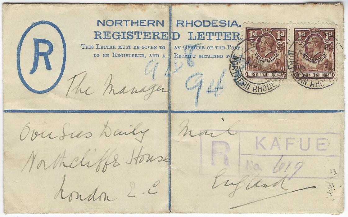Northern Rhodesia 1931 (8 Jan) 4d. registered stationery envelope to London additionally franked on front with two 1d. tied by Kafue Northern Rhodesia cds, violet registration handstamp below; central vertical fold.