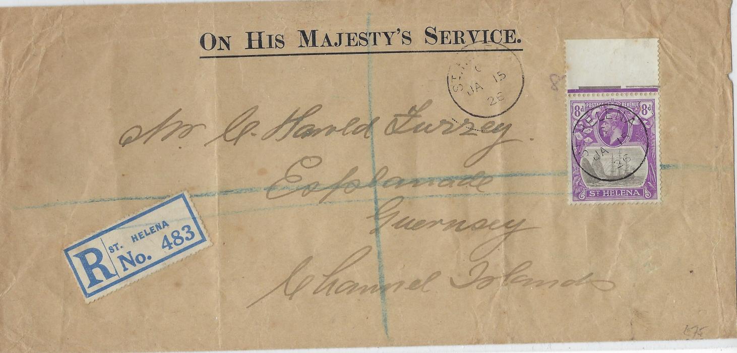 Saint Helena 1926 (JA 15) ‘ON HIS MAJESTY’S SERVICE’ registered envelope to Guernsey bearing single franking, top marginal 8d. Badge of Colony cancelled cds with another strike alongside, arrival backstamp of 12 FE; a couple of vertical filing folds and some peripheral damage to envelope.