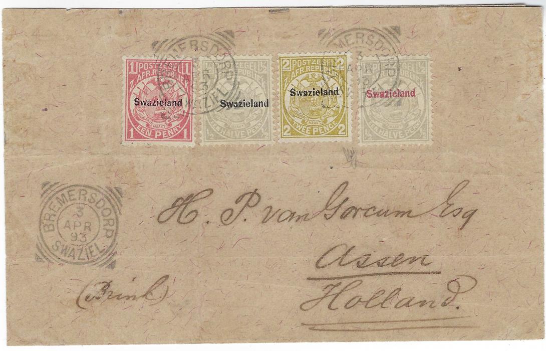 Swaziland 1893 (3 Apr) ‘Van Gorcum’ envelope to Holland franked 1889-92  ½d. grey with black or carmine overprints, 1d. carmine and 2d. olive-bistre tied square circle Bremersdorp date stamps, reverse with Johannesburg (AP 7), Capetown (AP 11), red London transit (AP 26) and Assen arrival of 29 Apr; some slight faults to envelope, a colourful franking. Holcombe Opinion.