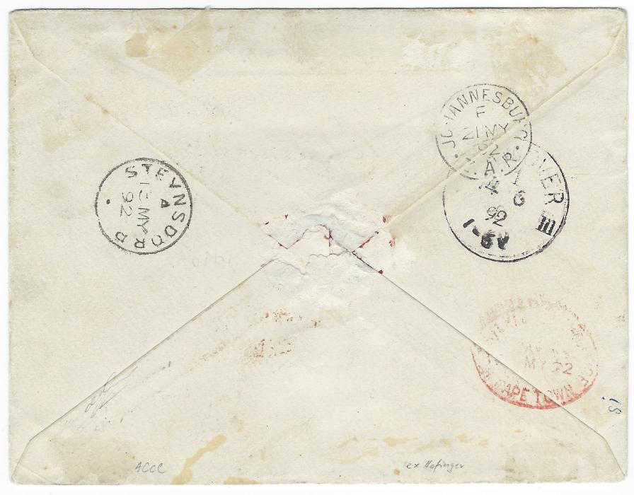 Swaziland 1892 (12 MEI) registered cover to Hannover  franked 1889-90 2d. olive-bistre strip of three and two singles and 6d blue all tied by blue square-circled Bremersdorp/ Swaziel date stamp, ‘R/ Z.A.R.’ registration handstamp in same colour, transit and arrival backstamps. A fine double weight registered cover, ex Talbot Cox and Fred Boom.