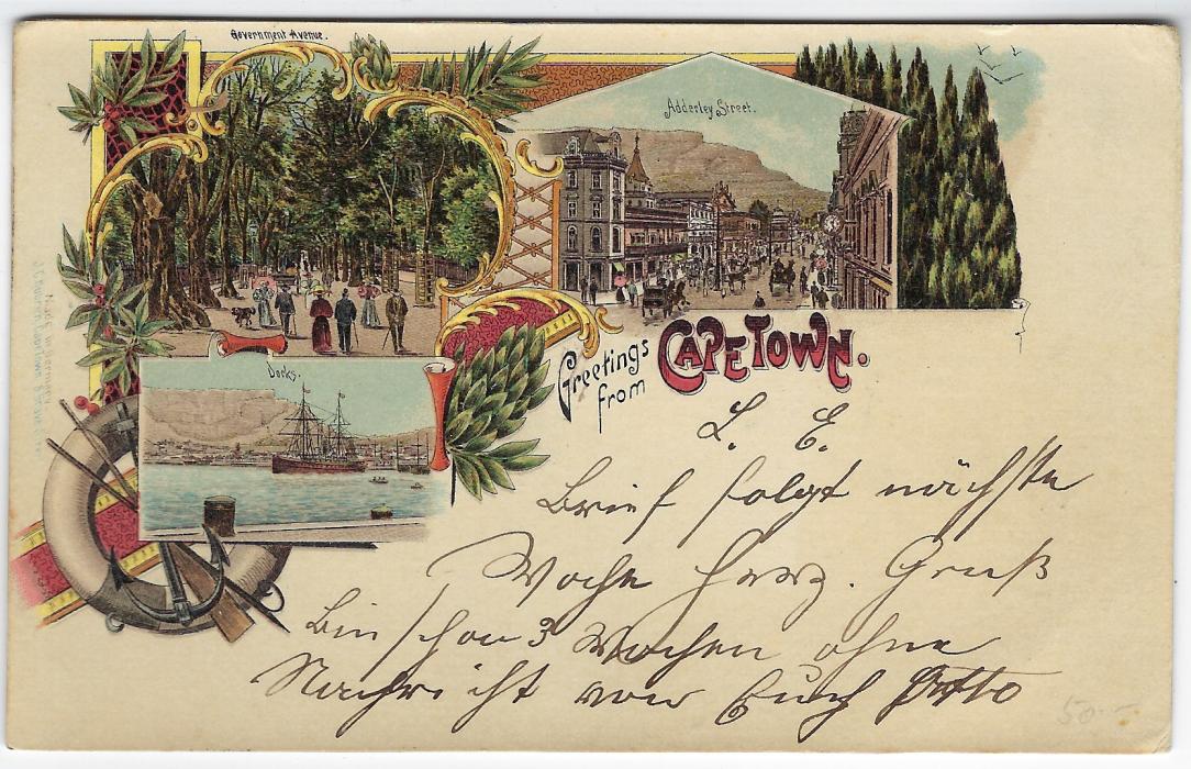 South Africa (Cape of Good Hope – Picture Stationery) 1900 One Penny surcharged card ‘Greetings from Cape Town’ with three colour images of Docks, Government House and Adderley Street, used from Kloof St Gardens to Lausanne, Switzerland; some slight tone spotting on reverse.