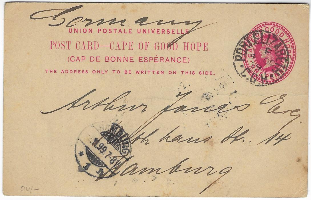 South Africa (Cape of Good Hope – Picture Stationery) 1899 One Penny red card entitled ‘SOUTH AFRICAN ROYAL MAIL SERVICE’ R.M.S. “Dunvegan Castle’ used Port Elizabeth to Hamburg; slight overall ageing.