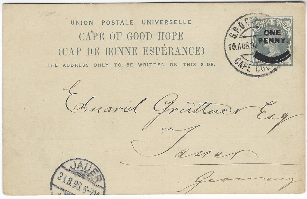 South Africa (Cape of Good Hope – Picture Stationery) 1898 One Penny surcharge card with rose-pink image entitled  House of Assembly. Cape Town used from Cape Colony to Jauer, Germany.