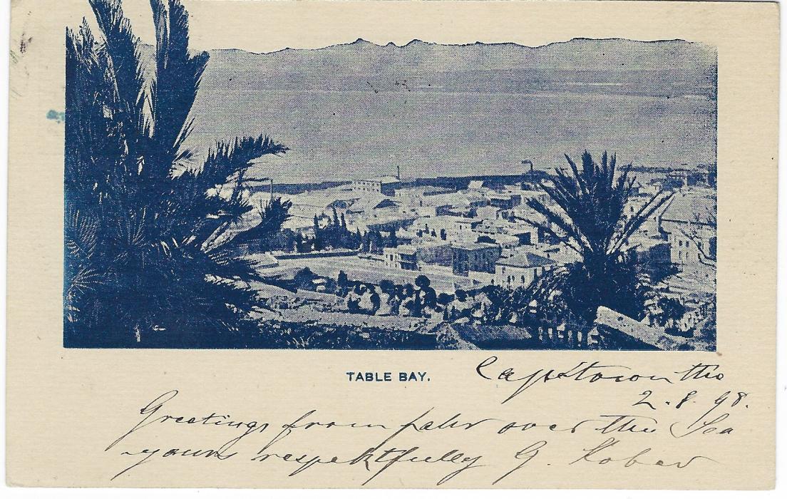 South Africa (Cape of Good Hope – Picture Stationery) 1898 One Penny surcharge card with blue-black image entitled  Table Bay used from Cape Colony to Holland; name erased.