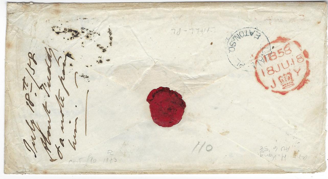 China 1858 (18 JU) envelope from Lyall Place, London addressed to a Lieutanant on “H.M. Gun Boat ‘Woodcock’ “ at Canton, franked at 6d. naval officer concessionary rate with Queen Victoria stamp cancelled ‘50’ numeral obliterator, Lyall Place Eaton Sq. Handstamp on reverse together with red London despatch. Some slight creases and tones, a rare item.
HMS Woodcock, a Clown class gunboat was launched in 1856. Since Nov 1857 it was stationed at Hong Kong participating in the 2nd Opium War.
