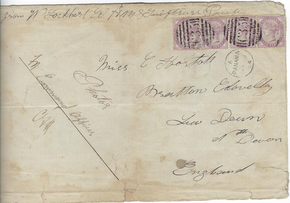 Panama 1884 (MY 3) large cover (edge faults) to Lew Down, Devon, headed 