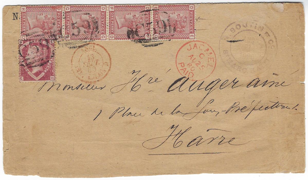 Haiti (British Post Office) 1880 (AU 25) opened-out envelope to Havre franked Great Britain  1870 1½d. and 1880 1d Venetian Red vertical strips of 6 and 3 plus a single, two stamps missing from the front top right (would originally have been a block of 12), cancelled by C59 obliterators, fine red JACMEL PAID, Calais entry cds at left, reverse with London transit and arrival cds. Envelope opened out for display, a most unusual franking.