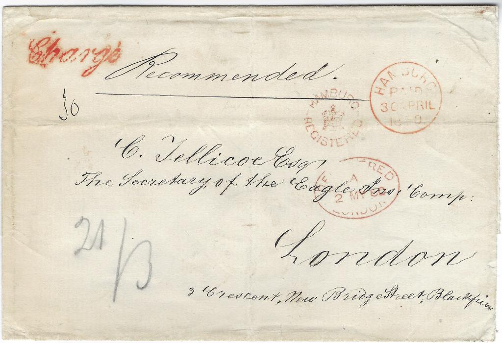 Great Britain 1860(30 April) stampless registered outer letter sheet prepaid in cash from Hamburg to London bearing red HAMBURG/ PAID cds and HAMBURG/ CROWN/ REGISTERED, Registered arrival below, at top left Charge handstamp. A good example of this scarce London Foreign Branch handstamp despite light filing creases.