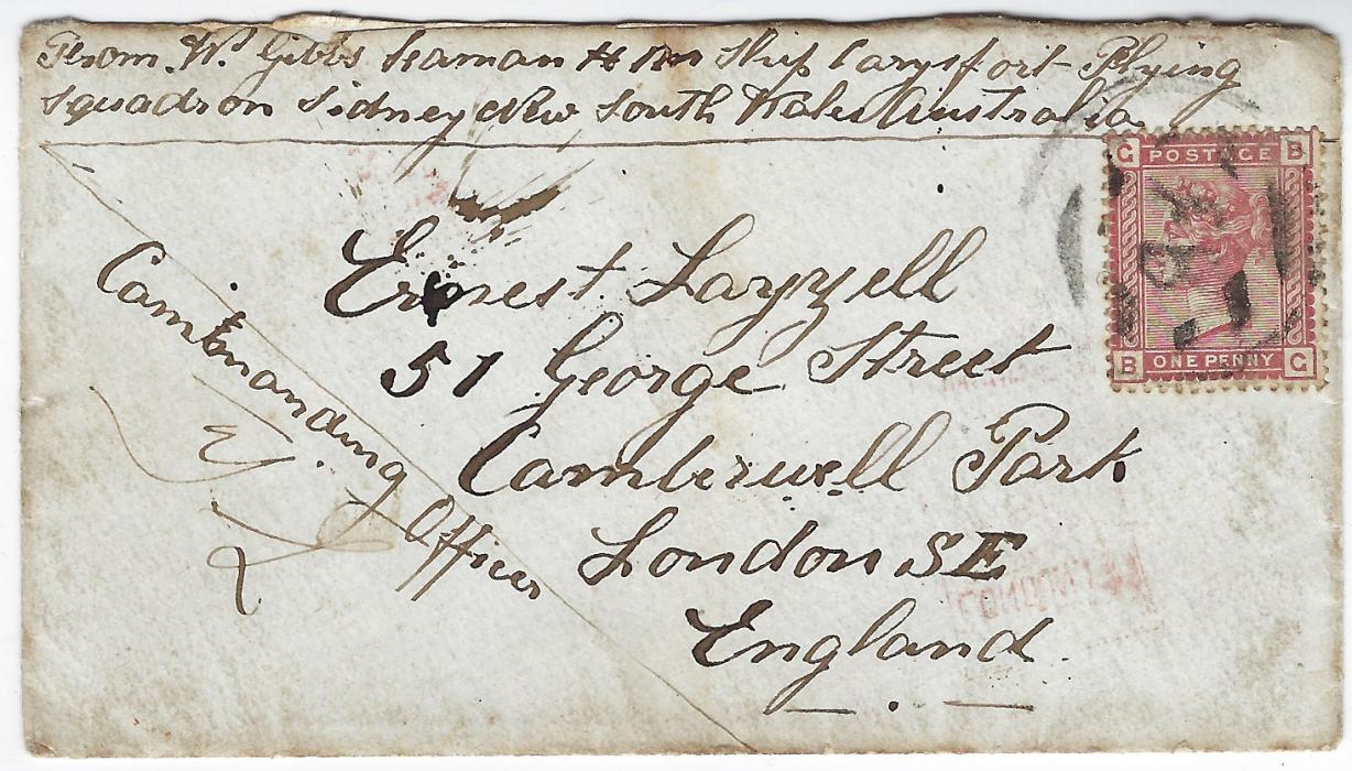 Great Britain 1881 small envelope to London, endorsed across top “From Gibbs Seaman H.M Ship CarysfortFlying Squadron Sidney New South Wales Australia”, initialled bottom left corner by Commanding Officer, franked 1880-81 1d venetian-red cancelled by ‘FB’ obliterator. Reverse with red London cancels of 6th and 7th Sept.