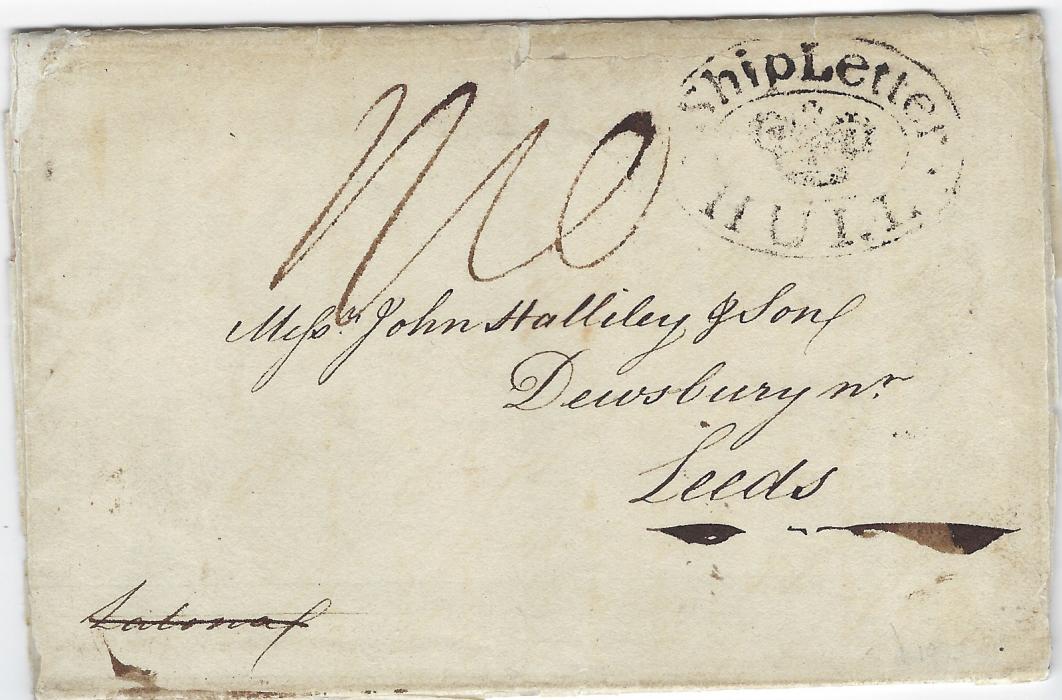 Great Britain (Transatlantic) ) 1807 entire to Dewsbury Nr/ Leeds, from Philadelphia without postal markings so carried privately with manuscript marking top centre and, on arrival fine oval ShipLetter/ (crown)/ HULL handstamp. One of two known, Ex Robertson