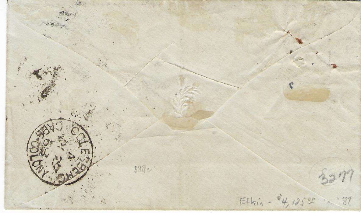 South Africa (Orange Free State Bisect) 1868 (May 27) small envelope to Somerset East. The letter is believed to have been carried privately to Phillipolis postmaster (A.P.J. van der Poel), the sender having pinned a 1/-, the Postmaster bisected it, replaced half the stamp and the pin, and added a 4d. Cape, on arrival at Colsberg the stamps were cancelled, the cancel not taking to the bisected stamp because of the pin. A most remarkable and unusual item. With fine explanatory article by Douglas Roth in the Spt 1956 South African Philatelist, a Certificate from that year and a RPSL Cert of 1984.