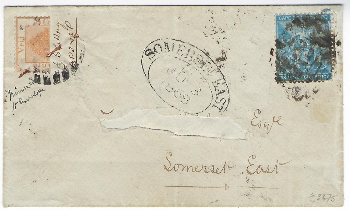 South Africa (Orange Free State Bisect) 1868 (May 27) small envelope to Somerset East. The letter is believed to have been carried privately to Phillipolis postmaster (A.P.J. van der Poel), the sender having pinned a 1/-, the Postmaster bisected it, replaced half the stamp and the pin, and added a 4d. Cape, on arrival at Colsberg the stamps were cancelled, the cancel not taking to the bisected stamp because of the pin. A most remarkable and unusual item. With fine explanatory article by Douglas Roth in the Spt 1956 South African Philatelist, a Certificate from that year and a RPSL Cert of 1984.