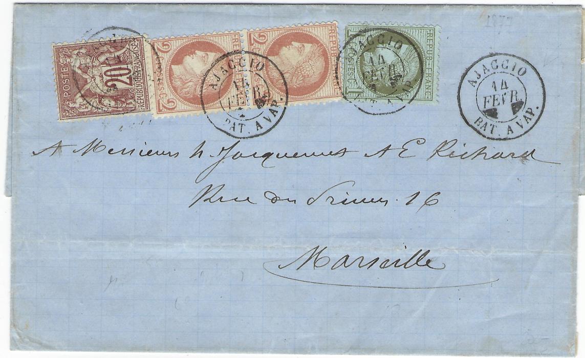 France (Corsica) 1877 (14 Fevr) outer letter sheet to Marseille bearing mixed issue franking of 1871-75 1c. olive green and 2c red-brown vertical pair plus 1876-78 ‘Sage’ 20c brown lilac cancelled by three Ajaccio Bat A Vap cds, arrival backstamp of next day; some slight creasing not detracting from a fine cover.