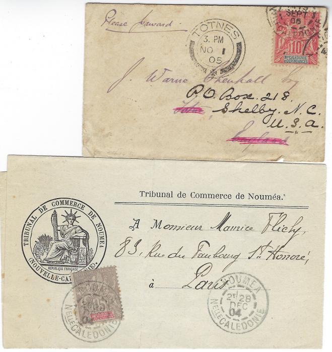 New Caledonia 1905 and 1904 printed matter rate items. 1904 unsealed envelope from Noumea at a double rate. Unlikely as so small, sent to UK endorsed “please forward” and then to USA plus 1904 printed matter wrapper for the Tribunal de Commerce de Noumea at triple rate which is possible if at the top of a bundle, or it also contained a written enclosure and travelled at 15c. French Community rate.