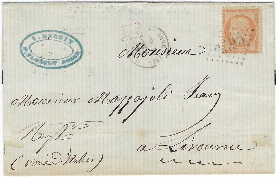 France (Corsica) 1858 small outer ltter sheet franked 10c. (touched margin ar right) cancelled ‘3060’ small numeral lozenge, St. Florent En Corse cds in association and further right a red CL framed handstamp. 1873 mourning outer letter sheet to Italy with 40c. tied large numeral lozenge ‘3595’, cds and ID handstamp, plus 1859 mourning envelope with two 10c. with small lozenge ‘3060’ (the right hand stamp maybe added and sold thus).