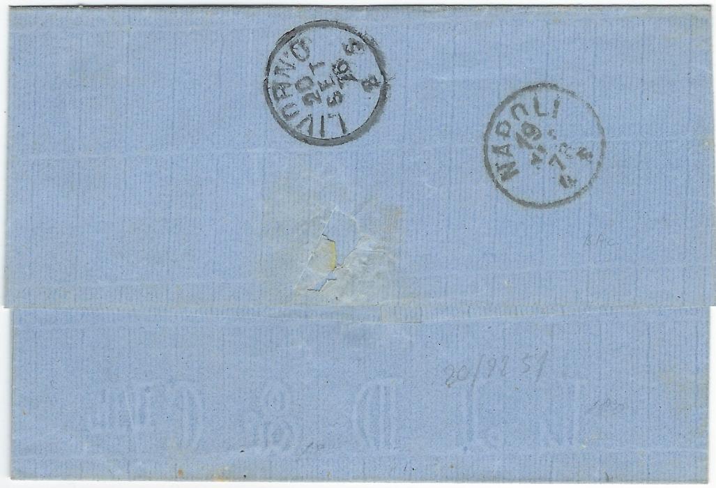 French Levant (Volo) 1856 outer letter sheet to Livorno with ‘C.Zopoto & Cie/ Volo’ company chop at left, franked 1871-75 15c. Ceres horizontal pair tied by straight line ‘Col Postali Francesi’ handstamp, reverse with Napoli transit and arrival cds.