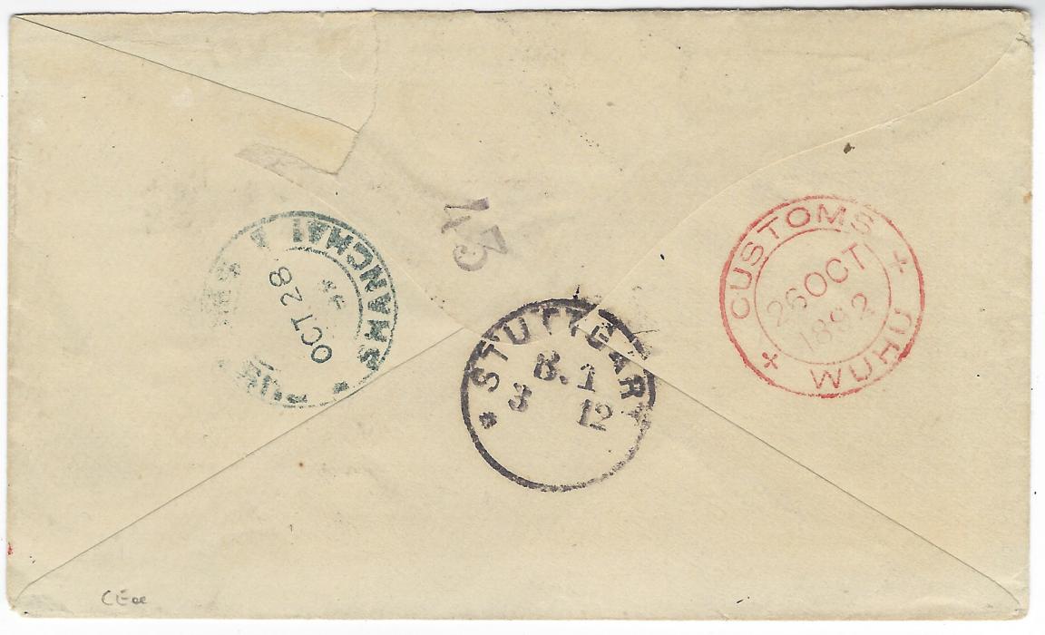 China (Mail Matter) 1892 (26 Oct) registered envelope from Wuhu to Stuttgart, Germany, showing Wuhu Customs/Mail Matter unframed oval handstamp in red, matching Customs/Wuhu double-ring datestamp and blue Customs/Shanghai  double-ring datestamp (Oct 28) on reverse, and bearing France Peace and Commerce 25c pair applied over the Customs Mail Matter handstamp and cancelled by Shang-hai/Chine cds), with ‘R’  framed handstamp and Ligne N/Paq. Fr. No. [?]  cds both in red adjacent, “Stuttgart” arrival cds (3.12) on reverse, insignificant piece of flap at back missing, Very Fine and appealing.