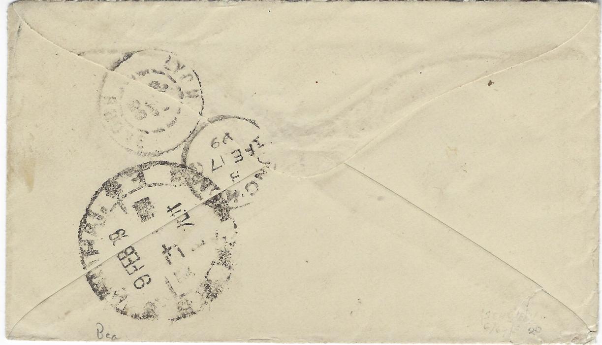 China 1899 (4 FEB) envelope to Lyon franked C.I.P. 10c. tied Chefoo Dollar chop, Shanghai Dollar chop transit on reverse, in combination with two Hong Kong 5c. blue tied Shanghai index C cds, reverse with Hong Kong index B transit and arrival cds. Slight vertical crease at left clear of stamps.