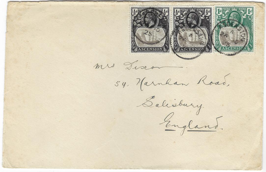 Ascension 1925 (26 NO) envelope to Salisbury, England franked 1924 ½d. pair and a 1d. tied by three neat index A cds making up the correct rate, left-hand ½d. damaged at top right.