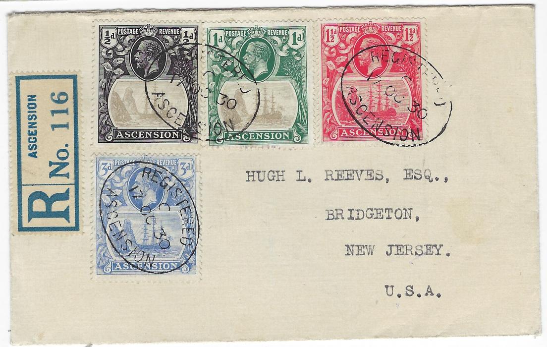 Ascension 1930 (17 OC) registered cover to Bridgeton, New Jersey, USA franked at the correct  6d rate with 1924 ½d., 1d., 1½d. and 3d. tied by three oval registration date stamps, label at left, reverse with New York transits and arrival.