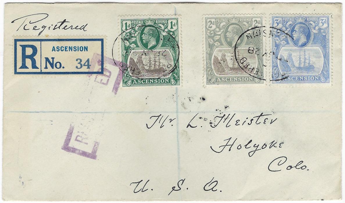 Ascension 1928 (28 JY) registered cover to United States franked 1924 1d., 2d. and 3d. cancelled/tied by two oval date stamps, registration label at left tied by American Registered handstamp, reverse with London transit (15 AU) and arrival cancels of Aug 26; A correctly rated ‘Meister’ envelope.