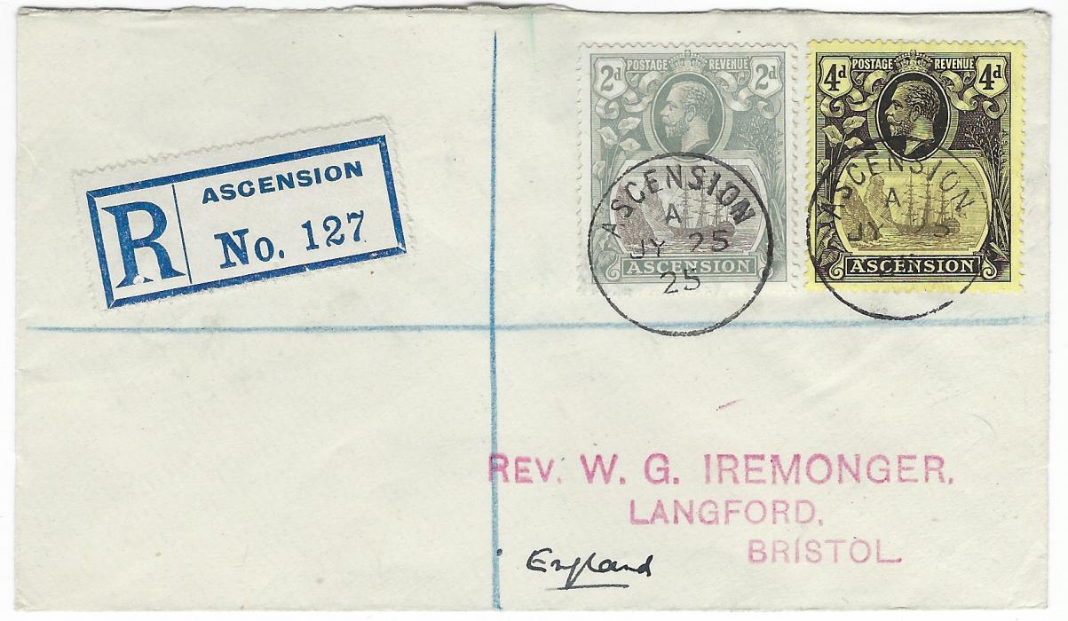 Ascension 1925 (JY 25) registered cover to Bristol franked 1924 2d. and 4d. each tied by index A single ring 24½ cds, registration label at left, reverse with registered London arrivals of 9 AU; fine, clean condition.