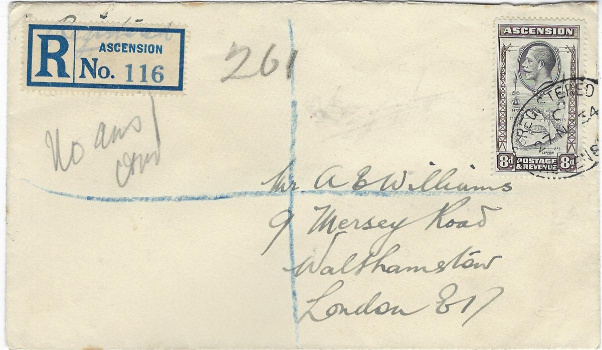 Ascension 1934 (27 NO) registered cover to Walthamstow, London bearing single franking 8d. tied by oval Registered date stamp, registration label at left and arrival backstamp with unclear date; good clean condition