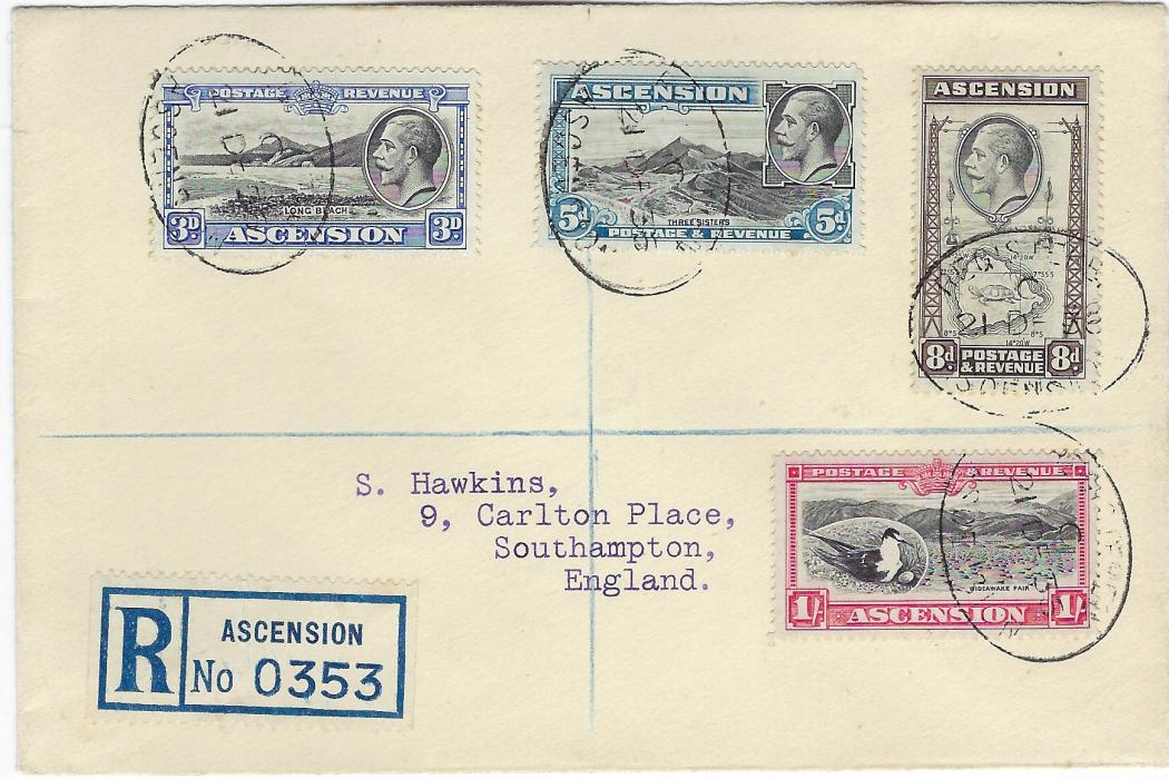 Ascension 1935 (21 DE) registered cover to Southampton franked 3d., 5d., 8d. and 1s. each tied by oval Registered date stamps, registration label bottom left, without backstamps; very fine condition.