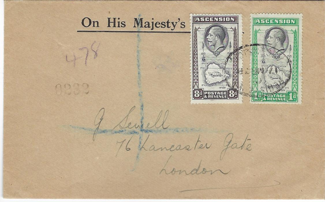 Ascension 1936 (17 MR) registered ‘On His Majesty’s Service’ envelope to London franked 1d. and 8d. of same Map and Tortoise design tied by single registered oval date stamp, without arrival cancels.