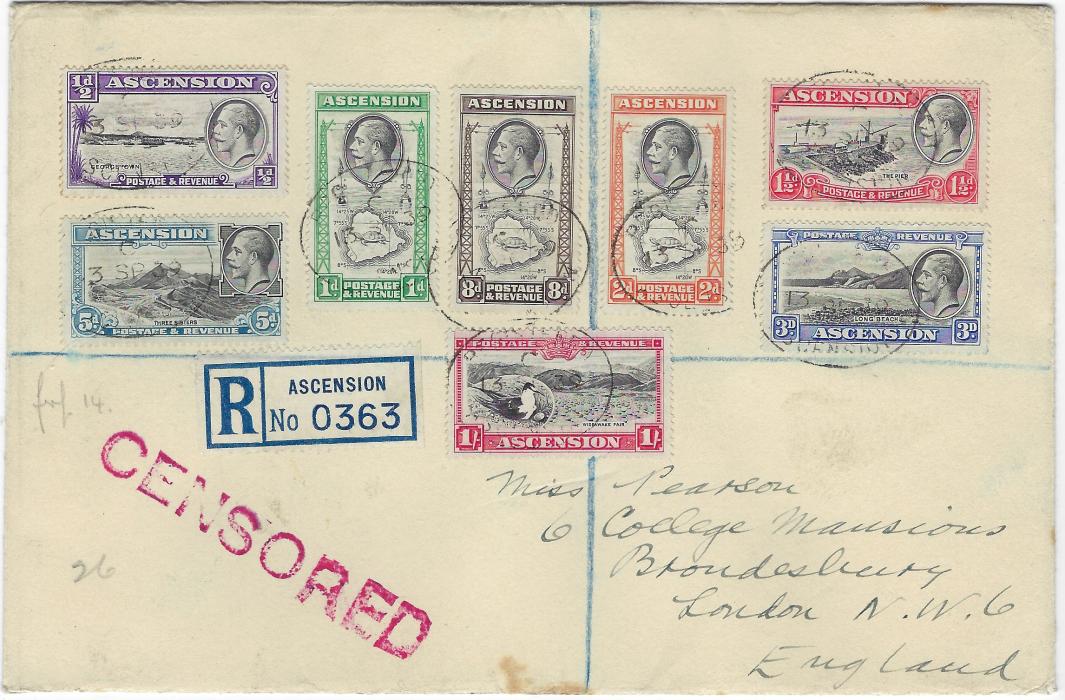 Ascension 1939 (13 SP) registered  cover to London franked by short set of eight values to 1/-, each stamp tied by registration oval date stamp and showing fine strike of straight-line CENSORED handstamp, this being the earliest recorded date of usage by John Little.