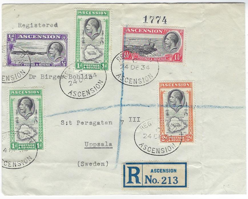 Ascension 1934 (24 DE) registered cover to Uppsala, Sweden franked ½d., 1d. (2), 1½d. and 2d. each tied by oval registration date stamp. This is the correct rate to a foreign country, without arrivals; two creases cler of stamps.