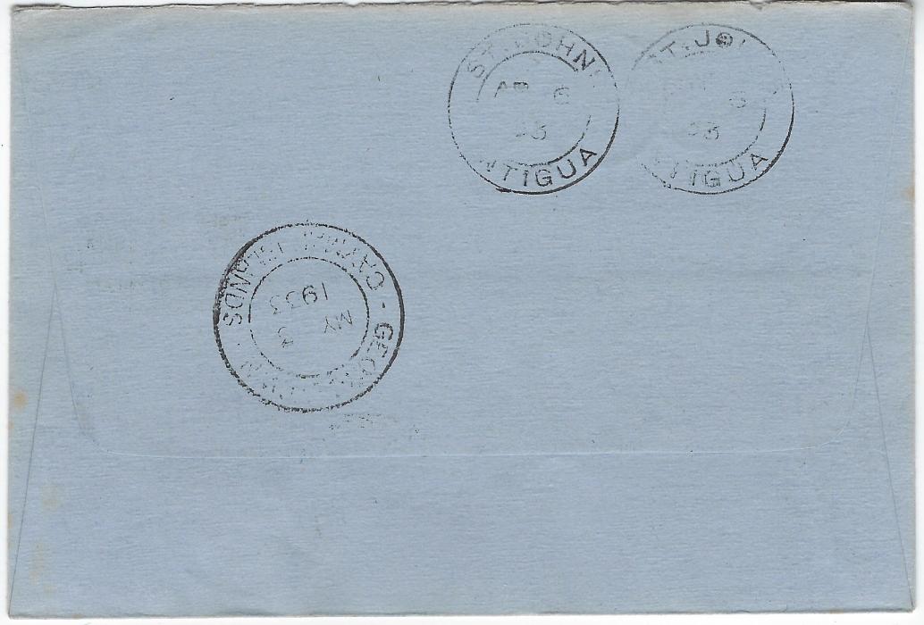 Barbuda 1933 underfranked ‘Panton’ envelope to Georgetown, Cayman Islands bearing ½d. Tercentenary tied fine Barbuda B.W.I. cds, circular framed ‘T’ to left and 2d Centenary applied and tied Georgetown cds of MY 13, reverse with St John Antigua transits and further Georgetown cds; fine clean condition.