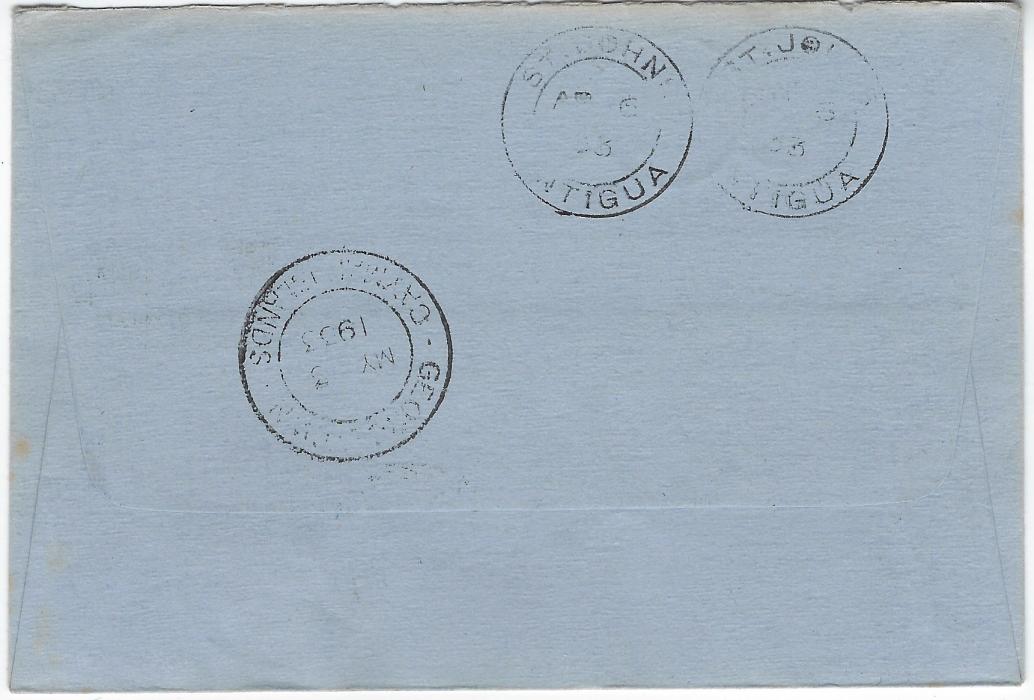 Barbuda 1933 underfranked ‘Panton’ envelope to Georgetown, Cayman Islands bearing ½d. Tercentenary tied fine Barbuda B.W.I. cds, circular framed ‘T’ to left and 2d Centenary applied and tied Georgetown cds of MY 13, reverse with St John Antigua transits and further Georgetown cds; fine clean condition.