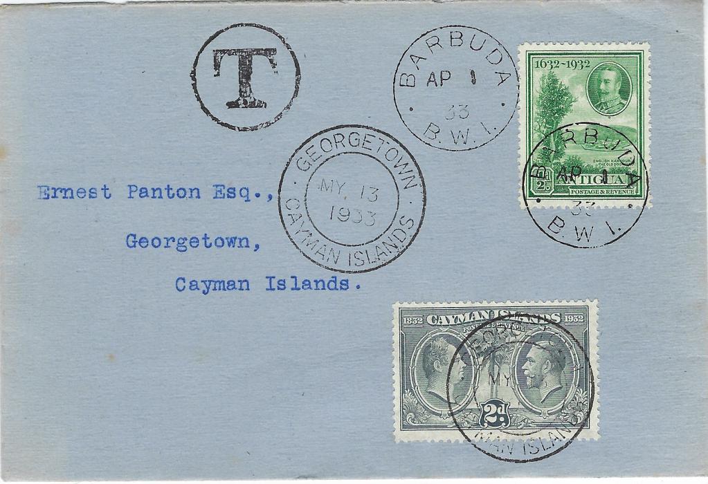 Barbuda 1933 underfranked ‘Panton’ envelope to Georgetown, Cayman Islands bearing ½d. Tercentenary tied fine Barbuda B.W.I. cds, circular framed ‘T’ to left and 2d Centenary applied and tied Georgetown cds of MY 13, reverse with St John Antigua transits and further Georgetown cds; fine clean condition.