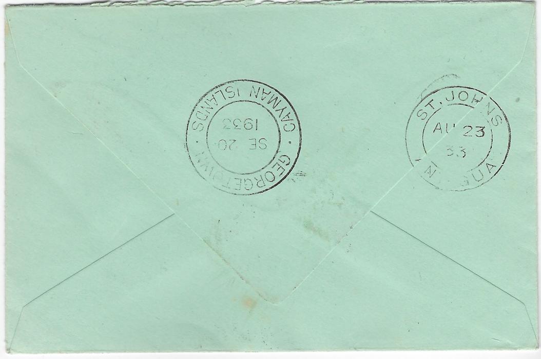 Barbuda 1933 (AU 21) underfranked ‘Panton’ envelope to Georgetown, Cayman Islands bearing 1d. Tercentenary tied fine Barbuda B.W.I. cds, circular framed ‘T’ to left and 1d Centenary applied and tied Georgetown cds of SE 20, reverse with St Johns Antigua transit and further Georgetown cds; fine clean condition.