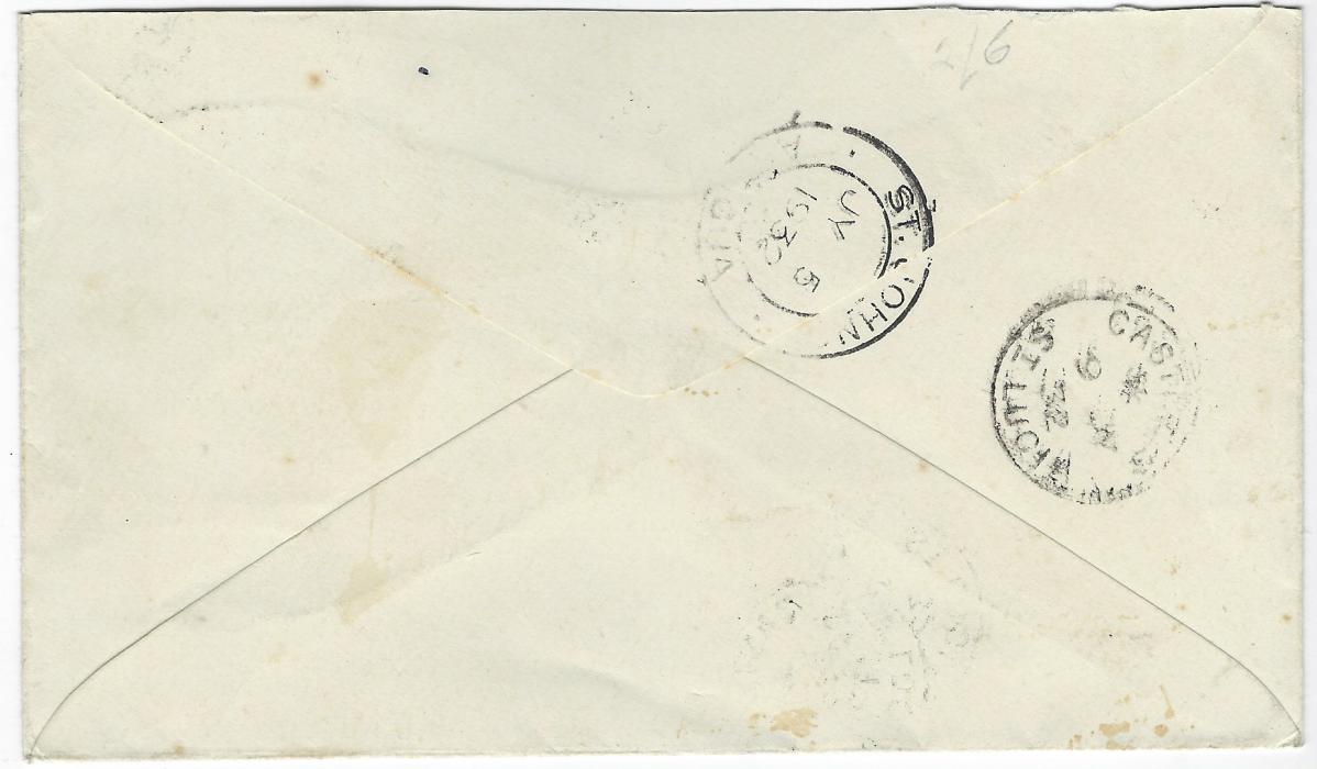 Barbuda 1932 (JY 4) underfranked  envelope to Castries, St. Lucia bearing  ½d. Tercentenary tied fine Barbuda B.W.I. cds with another strike below, on arrival two 1d. black/blue Postage Dues applied and tied single Castries cds; some slight glue staining around postage dues and a couple of light tone on Antigua stamp.