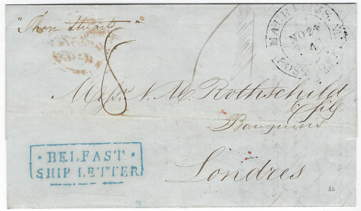 Ireland (Ship Letter) 1849 outer letter sheet from Mauritius to London, endorsed (by ship) “John Stuart”, charged “8”d. uniform ship rate to Great Britain, bearing very fine bright blue BELFAST/ SHIP LETTER framed handstamp, reverse with Belfast cds  (MR 21) in same ink and London arrival of 23rd; fine and attractive.