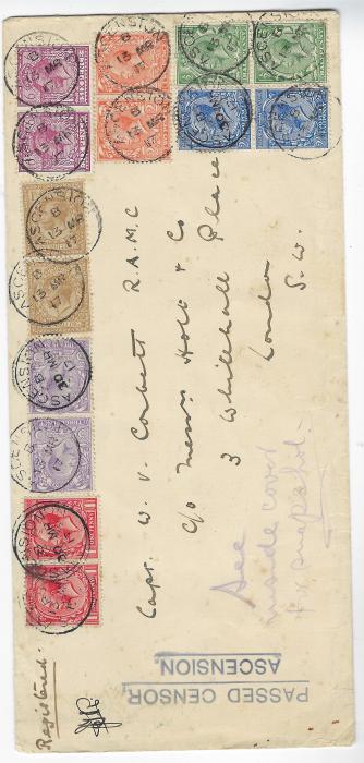 Ascension 1917 registered censored  envelope to London bearing a very fine philatelic franking of British  King George V values in pairs with ½d., 1d., 2d., 2½d., 3d., 6d. and 1s. mostly tied cds of 13 MR, one 1d., 2½d. and 3d. tied cds of 30 MR, at left two-line PASSED CENSOR/ ASCENSION handstamp with initials above. A spectacular cover with high catalogue value.