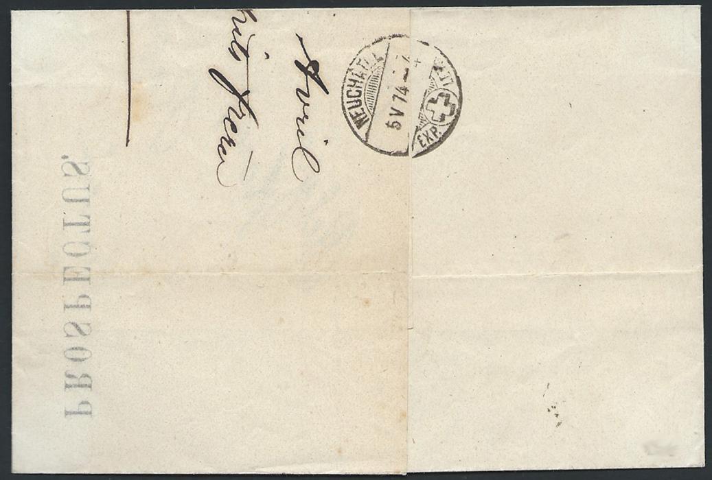 Serbia 1874, Pre U.P.U. 15 para printed matter rate from Serbia to Switzerland, paid by 15 para Prince Milan (First printing, perf. 9 1/2:12) tied by Belgrade cds. Reverse shows Neuchatel arrival cds. Extremely rare Serbia’s pre U.P.U. foreign 15para printed matter rate up to 31gr to Switzerland, only three prospectuses are recorded. 