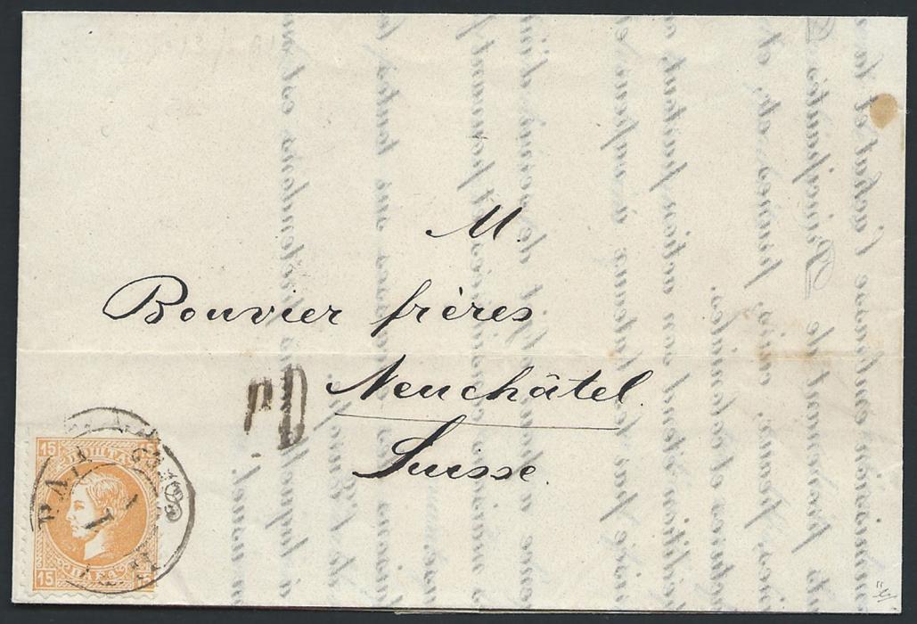 Serbia 1874, Pre U.P.U. 15 para printed matter rate from Serbia to Switzerland, paid by 15 para Prince Milan (First printing, perf. 9 1/2:12) tied by Belgrade cds. Reverse shows Neuchatel arrival cds. Extremely rare Serbia’s pre U.P.U. foreign 15para printed matter rate up to 31gr to Switzerland, only three prospectuses are recorded. 