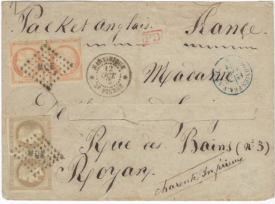 Martinique 1872 (12 Oct) envelope to Royan franked 1871 Laureated Napoleon 30c pair and Ceres 40c pair, each cancelled by MQE lozenge, St Pierre cds alongside the letter, endorsed at top “Packet anglais”  at top, blue French entry cds at right. Some variable margins and name excised from envelope. Ex Brian Brookes