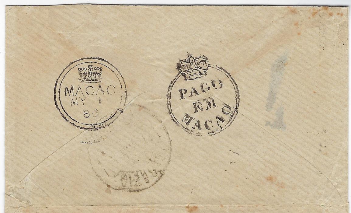 Macau 1883 (MY 1) small envelope to Lisbon showing framed ‘PER FR. PACKET’ handstamp at top on front, whilst on reverse fine condition double-ring Macao cds and PAGO/ EM/ MACAO crown circle plus arrival cds of 11 Jun.
The vast majority of mail from Macao to Europe was routed via Hong Kong, and transported in one of the P&O Steamers, only occasionally was mail handed to the French packets.
