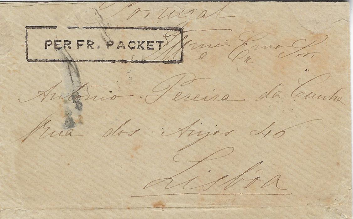 Macau 1883 (MY 1) small envelope to Lisbon showing framed ‘PER FR. PACKET’ handstamp at top on front, whilst on reverse fine condition double-ring Macao cds and PAGO/ EM/ MACAO crown circle plus arrival cds of 11 Jun.
The vast majority of mail from Macao to Europe was routed via Hong Kong, and transported in one of the P&O Steamers, only occasionally was mail handed to the French packets.

