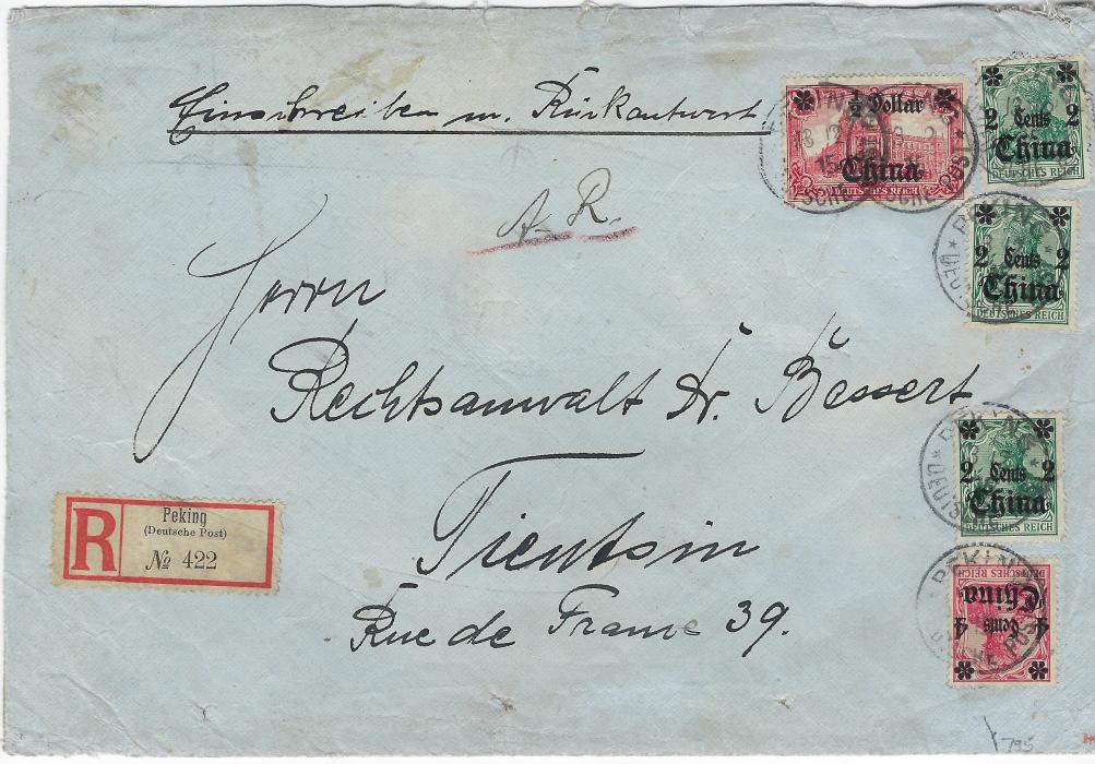 China (German Post Offices) 1915 (13/12) large registered AR envelope to Tientsin with franking including a $½ on 1m, stamps tie Peking Deutsche Post cds, arrival backstamp. A scarce commercial franking with a high value, some faults to envelope and reduced at left.
