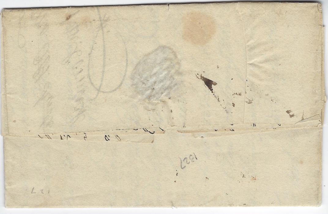 Danish West Indies 1812 (23rd August) entire from the ‘Tower’ correspondence to Aberdeen, endorsed to travel  on the “Neptune” which arrived in Lancaster on 30th October – a long transit of 69 days, bearing a very fine SHIP LETTER/ crown/ LANCASTER oval handstamp, manuscript charge “1/4”  under the Act of July that year (4d Ship Letter and 1/- for 230-300 miles inland to Aberdeen). The content is mainly concerned with the purchase of puncheons of meal to tide the slaves over until the yam crop. Ex Robertson and Booth.