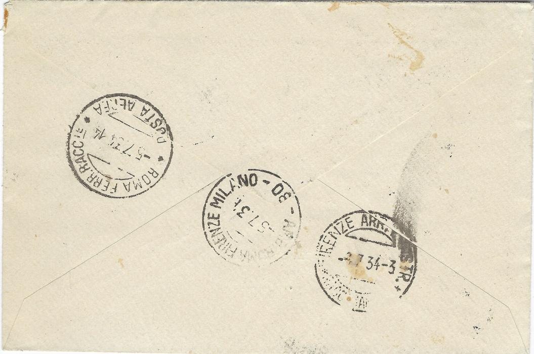 Italian Colonies (Football World Cup) 1934 (3.7.) registered airmail cover to Firenze bearing single franking 50L. blue-green tied by Posta Aerea Bengasi cds, reverse Roma transit, Roma Firenze Milano tpo and arrival cds; some slight toning on labels but not around stamp.