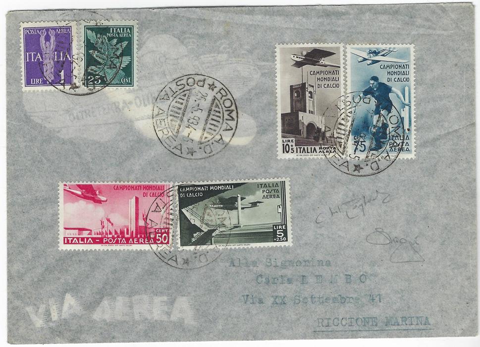 Italy (Football World Cup) 1934 (25.5.) airmail cover from Roma to Riccione bearing World Cup airmail set of four tied two cds arriving on the same day; fine and fresh, scarce. Raybaudi photo certificate.